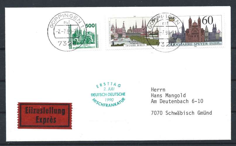 Allemagne - Lettre expresse avec affranchissement mixte, DDR/Berlin/RFA 