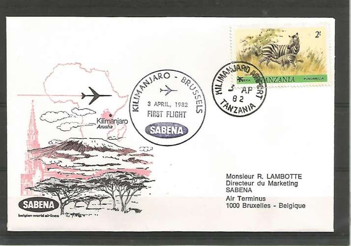 Tanzanie - Aérophilie - Lettre - 1er liaison aérienne - Sabena -  Kilimanjaro Arusha Bruxelles