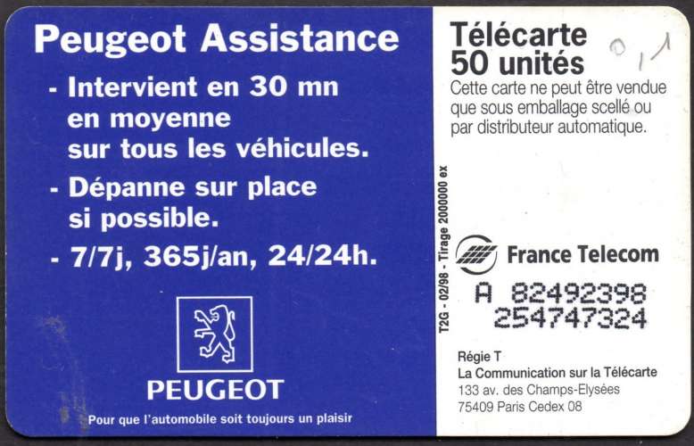 258/324 - Télécarte 50 - 02/98 - Peugeot assistance