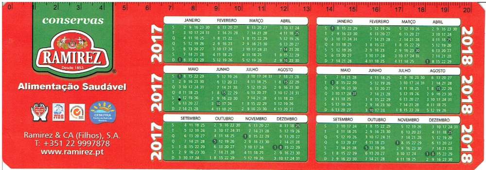 PORTUGAL - CALENDRIER 2017/18 - RÈGLE CONSERVES RAMIREZ DEPUIS 1853.  