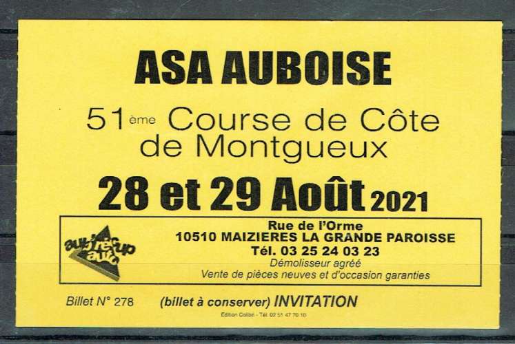 FRANCE 2021 - TICKET INVITATION DE ASA AUBOISE.