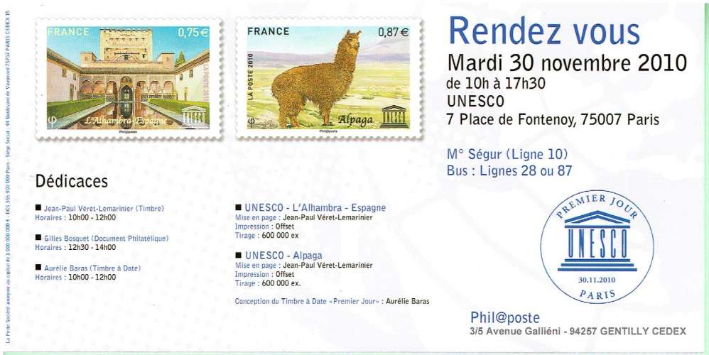 FRANCE 2010 - TICKET INVITATION 1ER JOUR UNESCO.