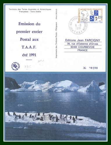 TAAF Entier Postal N° 1 FDC 1991 Manchots