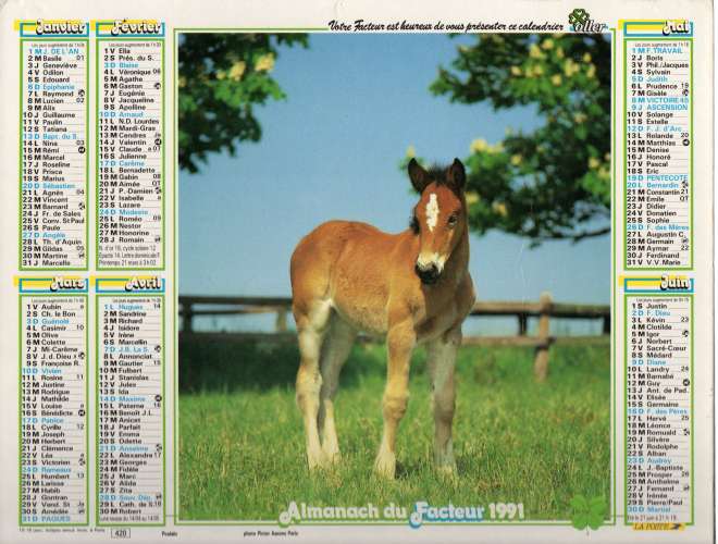 Calendrier 1991 - Almanach du facteur - Intérieur cartes Région Parisienne