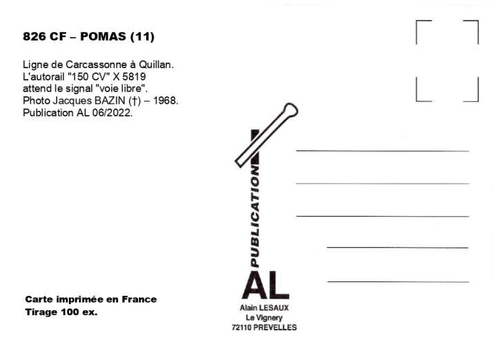 AL 826  Autorail 150 CV - POMAS - Aude - SNCF