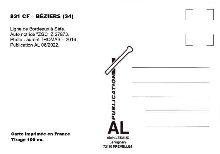 AL 831 - Automotrice Z 27873 en gare - BEZIERS - Hérault - SNCF