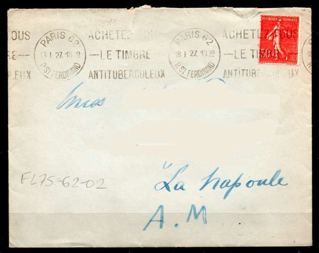 Dept 75 PARIS 62 1927 > FG texte continu / Timbre antituberculeux