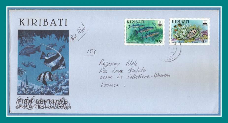 Lettre KIRIBATI 1993 /  N°  Poisson > France (verso Flamme Caen)