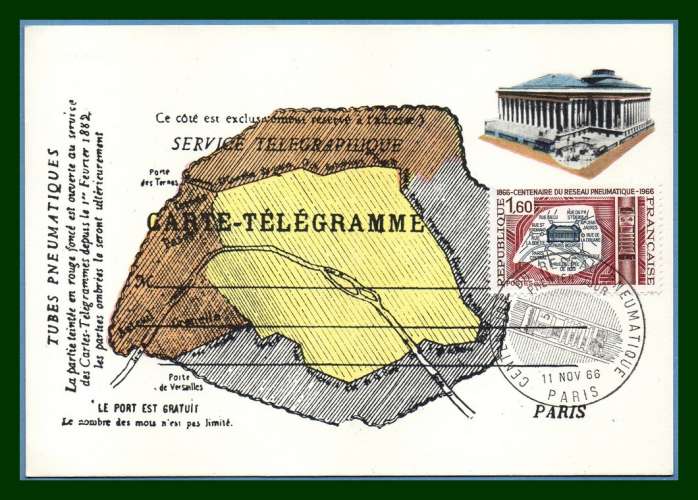 Carte Maximum N° 1498 Cent. Réseau Pneumatique 1966 Service Télégraphique