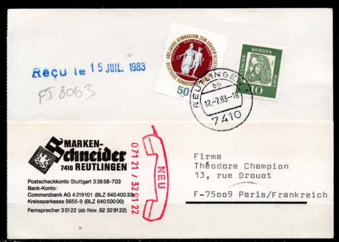 Allemagne RFA REUTLINGEN > France 1983 / 2 timbres