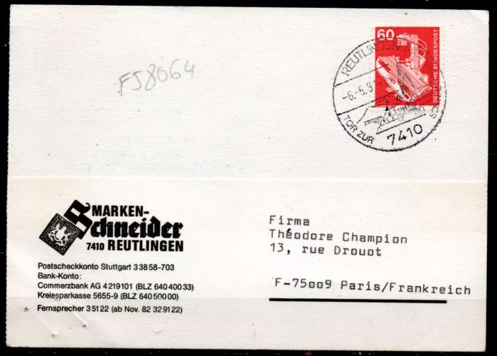 Allemagne RFA > France 1983 / REUTLINGEN Cachet tempo 