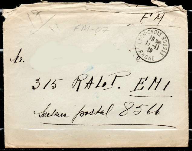 Lettre en FM > Cachet LYON-CROIX ROUSSE 1939