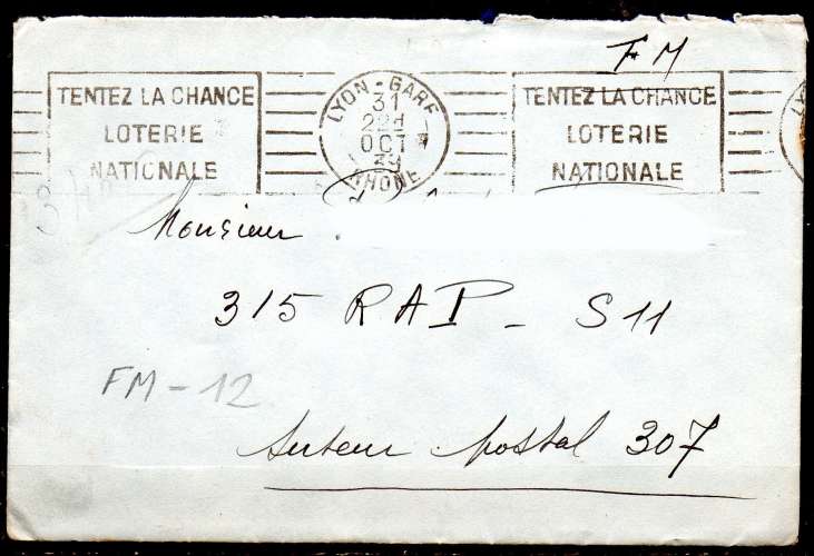 Lettre en FM > LYON-GARE 1939 > FL texte Loterie Nationale