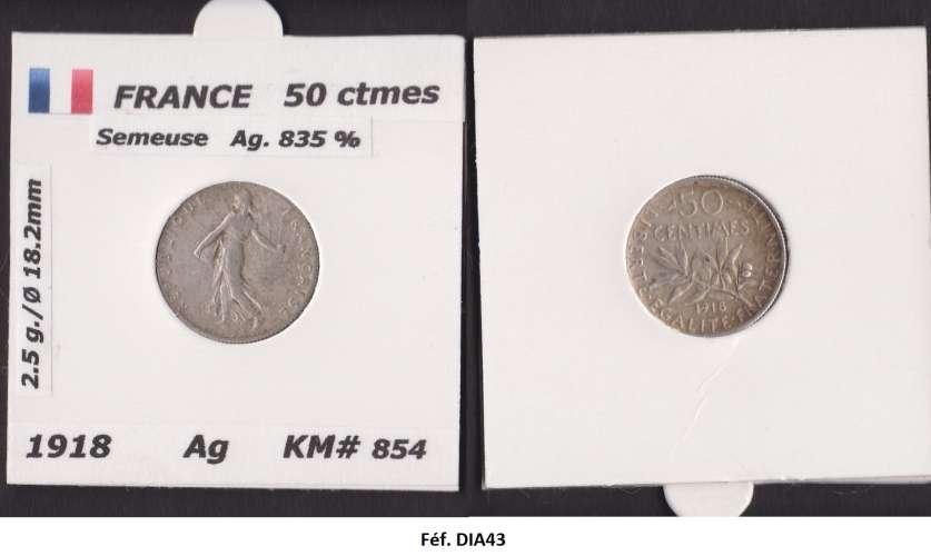 France 50 centimes semeuse argent année 1918