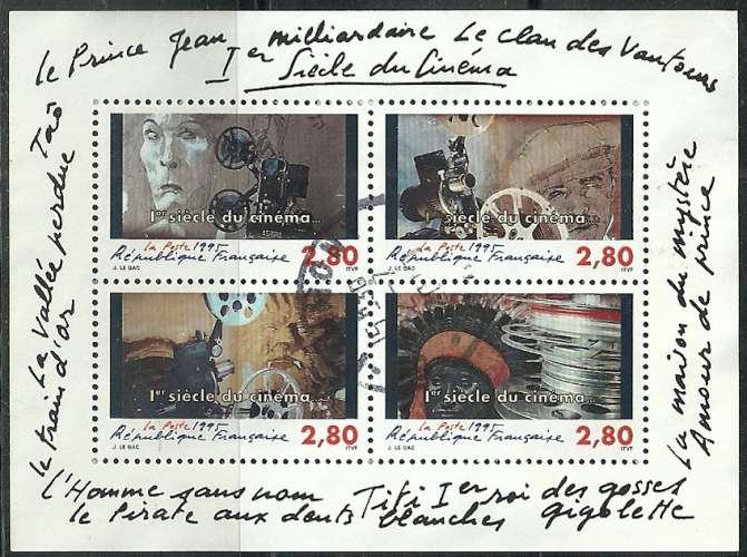 France 1995 - 1er siècle du cinéma - N° 2919 2920 2921 2922 - Bloc feuillet N° 17 oblitéré.