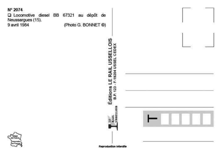 RU 2074 - Loco BB 67321 au dépôt - NEUSSARGUES - Cantal - SNCF