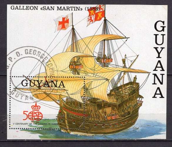 GUYANA 1992 BATEAU VOILIER LE GALLEON SAN MARTIN   BLOC  OBLITERE