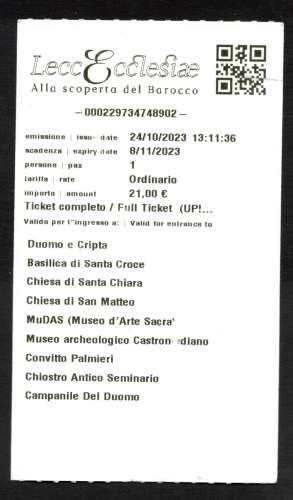 Italie ticket entrée LeccEcclesiae Allo scoperta del Barocco ticket complet