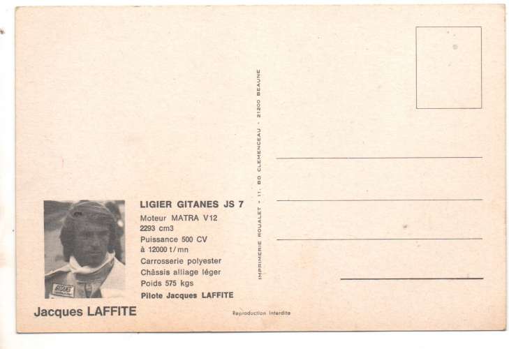 cpm  publicité Ligier Gitanes Pilote Jacques Laffite