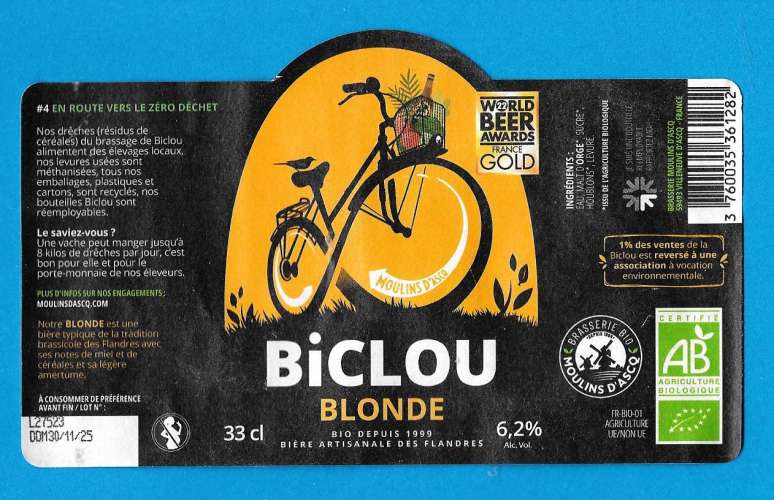 Etiquette Bière Biclou blonde - Moulins d'Ascq - Alc. 6,2%