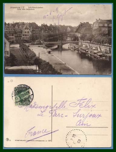 CPA Strassburg Schiffleutstaden Quai des Bateliers voy Deutches Reich 1909