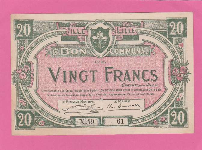 Bon communal ville de Lille (Nord) Vingt Francs 