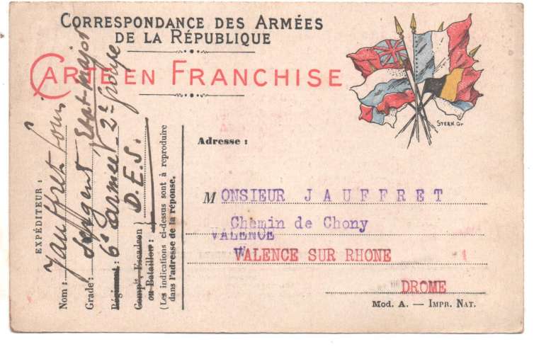 Carte de Franchise Militaire  14/18  :6 Drapeaux 