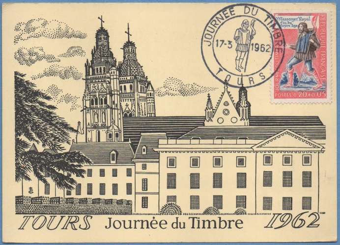 Carte Maximum N° 1332 Journée du Timbre 1962 TOURS (37)