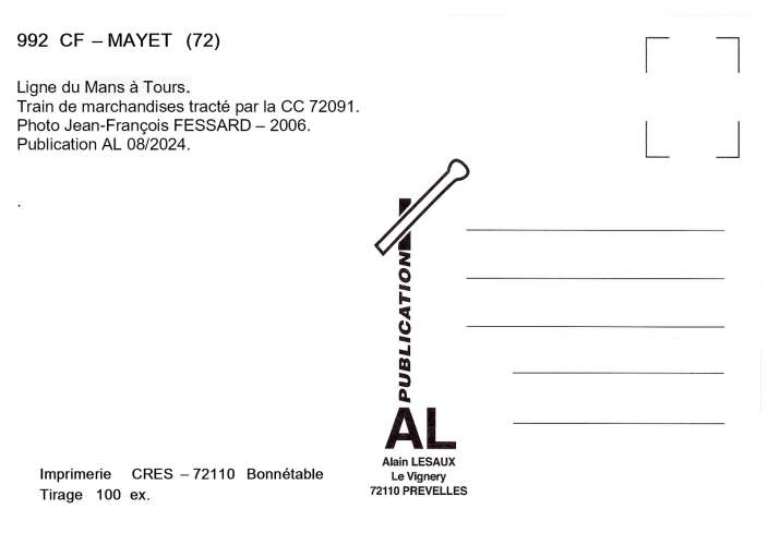 AL 992 - Train, loco CC 72091 vers MAYET - Sarthe - SNCF