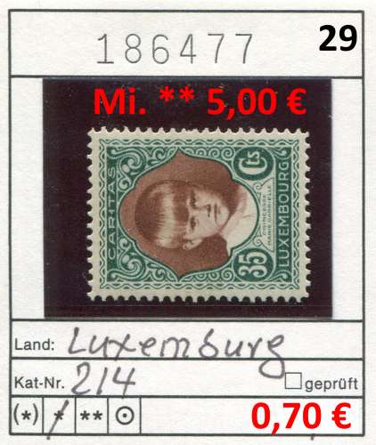 Luxembourg 1929  - Michel 214 - * mh  charn. - 