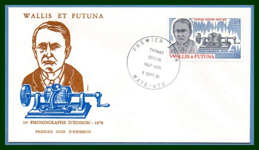 Wallis & Futuna FDC N° 275 Thomas Edison 1981 Phonographe musique