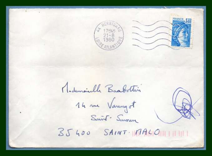 Sabine N° 1975 seul sur lettre OMEC 44 Herbignac 1980