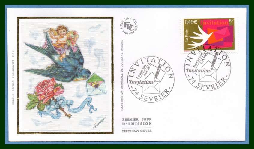 FDC soie N° 3479 Invitation, Sévrier 2002 oiseau hirondelle, rose