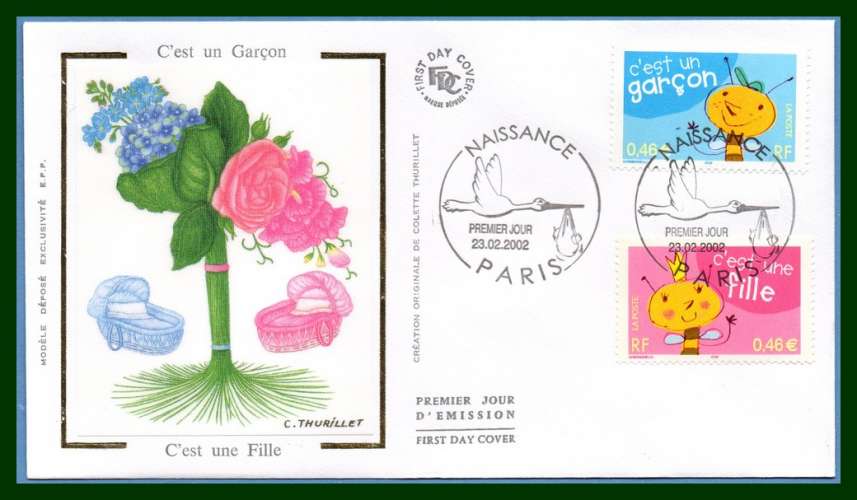 FDC soie N° 3463 3464 Naissance 2002 Abeille, cigogne, rose