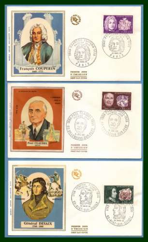 Lot 3 FDC soie Célébrités 1968 N° 1550 + 1551 + 1553