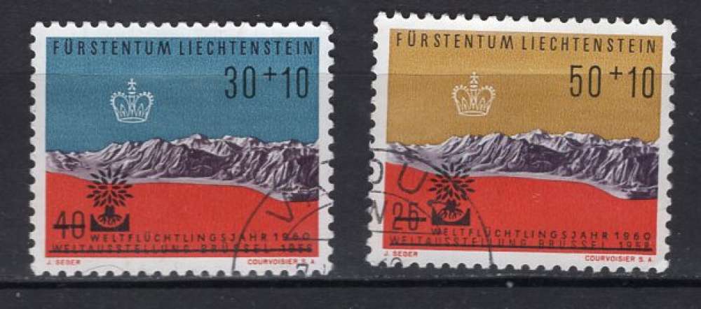 LIECHTENSTEIN 1960 ANNEE MONDIALE DU REFUGIE SUTAXE LA PAIRE OBLITERE