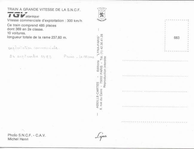 Abeille cartes 683 - TGV Atlantique - Non localisée - SNCF