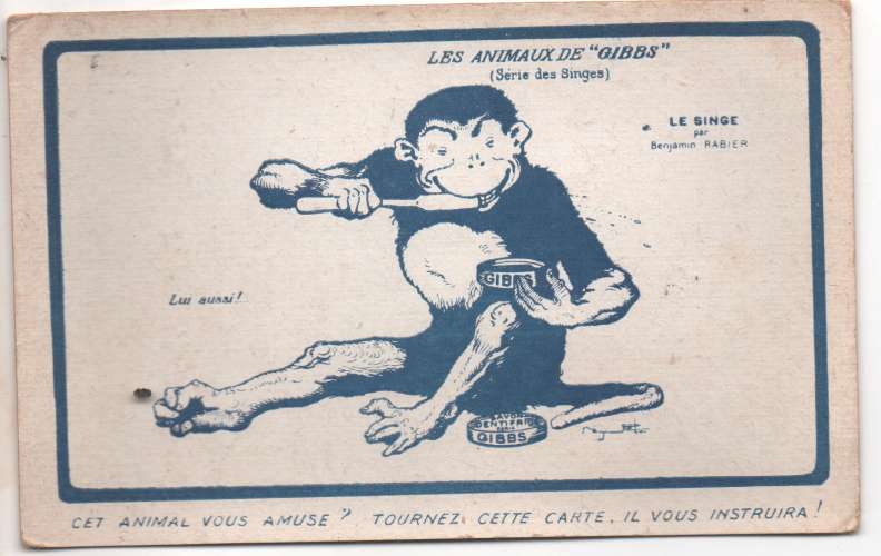 Carte non Postale publicité Gibbs : le singe par Benjamin Rabier