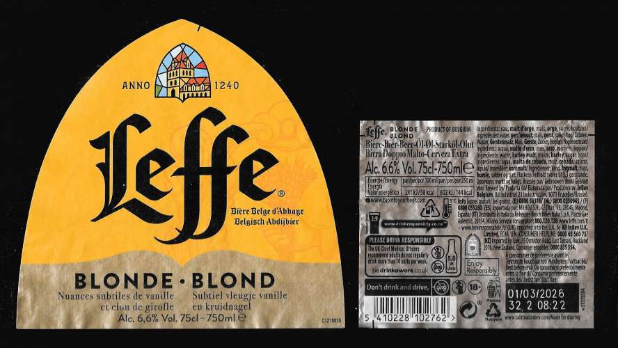 Etiquettes Bière - LEFFE - bière blonde - 6,6 Alc - 75 cl