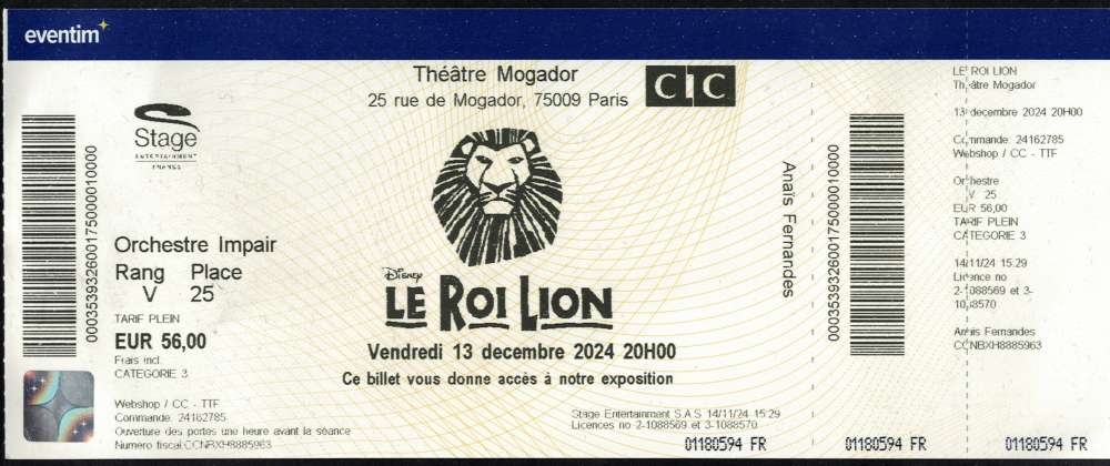 Ticket Spectacle Le Roi Lion Disney Théâtre Mogador Paris