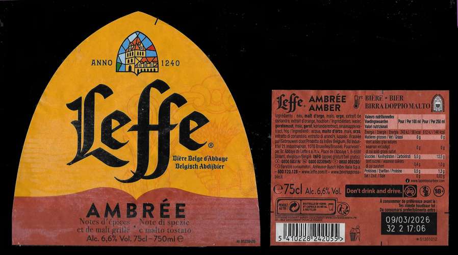 Etiquettes Bière - LEFFE - bière Ambrée - 6,6 Alc - 75 cl