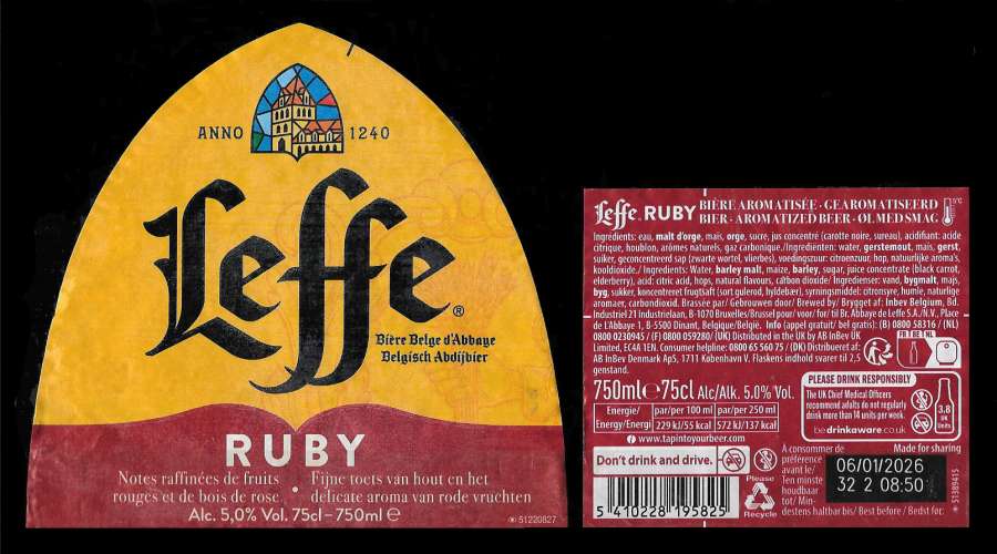 Etiquettes Bière - LEFFE - bière ruby - 6,6 Alc - 75 cl