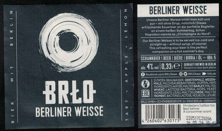 Allemagne Lot 2 Etiquettes Bière Beer Labels BRLO Berliner Weisse