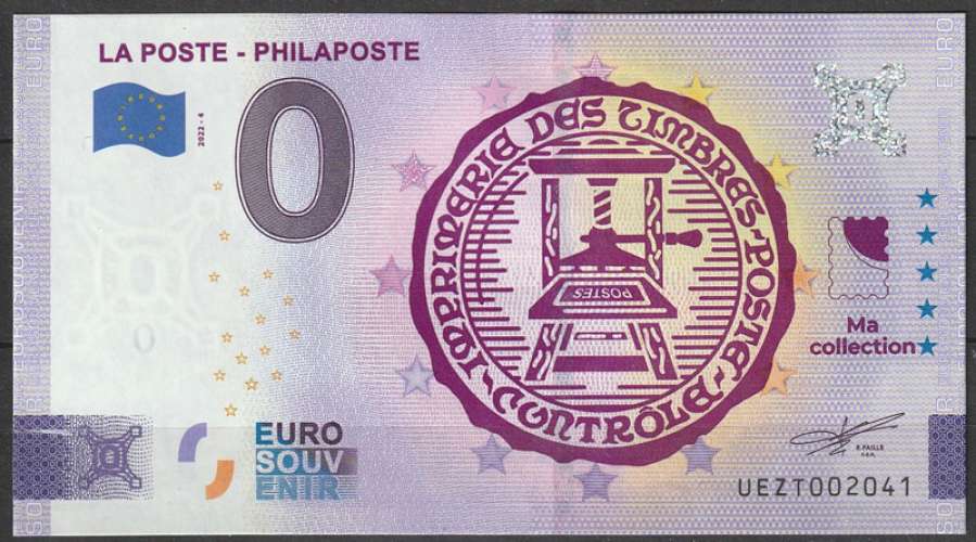 Billet 0 EURO Souvenir France 2022 - Cachet à sec, Philaposte