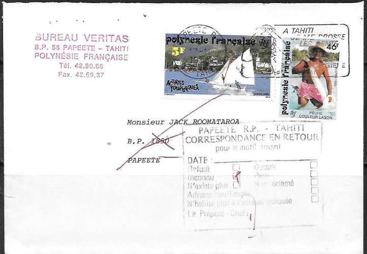 Polynésie lettres : Papeete RP retour - Oblitéré / Used - 