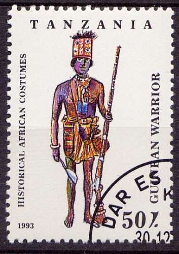 Timbre oblitéré n° 1451(Yvert) Tanzanie 1993 - Costume Africain guerrier