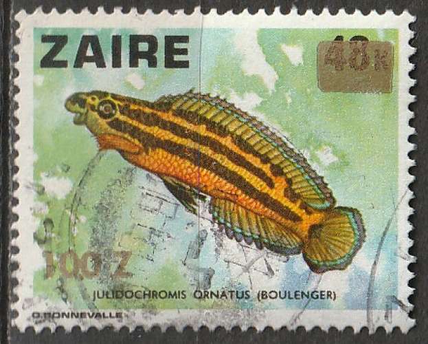 Timbre oblitéré n° 1302(Yvert) Zaïre 1990 - Poisson surchargé