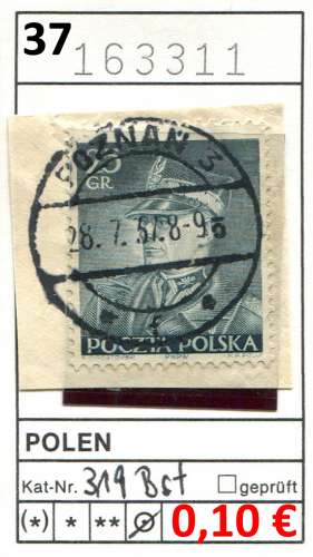 Pologne 1937 - Michel 319 - oo oblit. - sur fragment