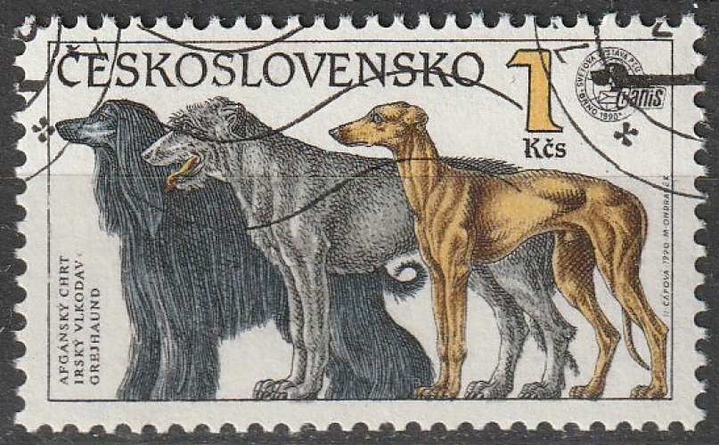 Timbre oblitéré n° 2856(Yvert) Tchécoslovaquie 1990 - Chiens, lévriers