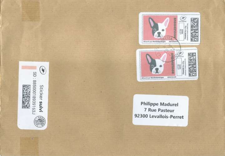 Affranchissement MonTimbrenLigne Lettre verte max 20g illustré Bouledogue (2 vignettes)